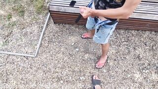 A random femboy jerks my cock and eats my cum in a public park
