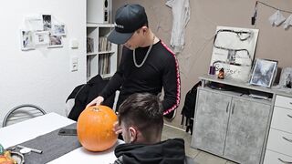 Gay boys have fun: We fuck the Halloween Pumpkin and cum on it